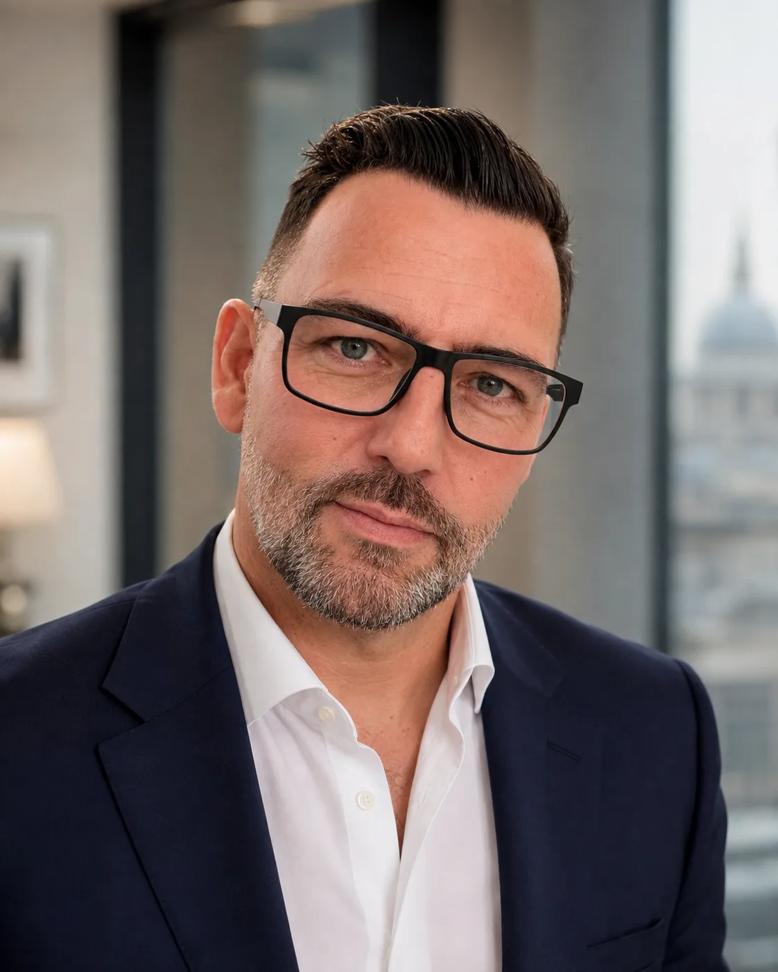 Alastair Liddell, Managing Partner of Ovington & Co., photographed in a London office with the dome of St Paul's Cathedral visible through the window behind him.